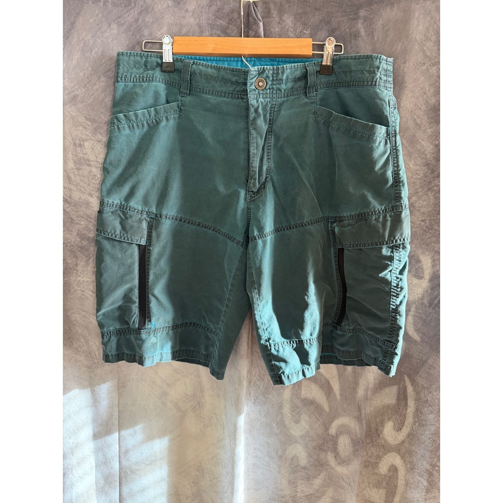 Kuhl Mens 36 Cargo Shorts Teal Green Vintage Patina Dye Cotton Nylon Outdoor